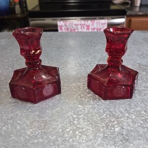 Vintage Fostoria Ruby Red Coin Glass Candlestick Holders Set Of 2